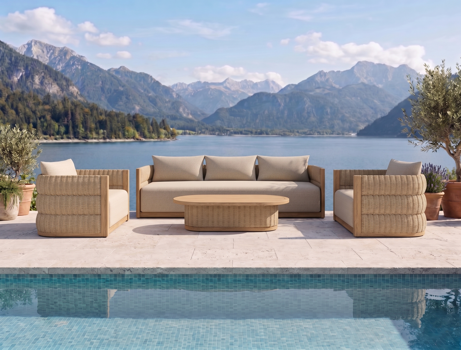 Ubud Set - teak garden furniture set lounge chair, sofa and coffee table with quick dry foam upholstery and special outdoor fabric