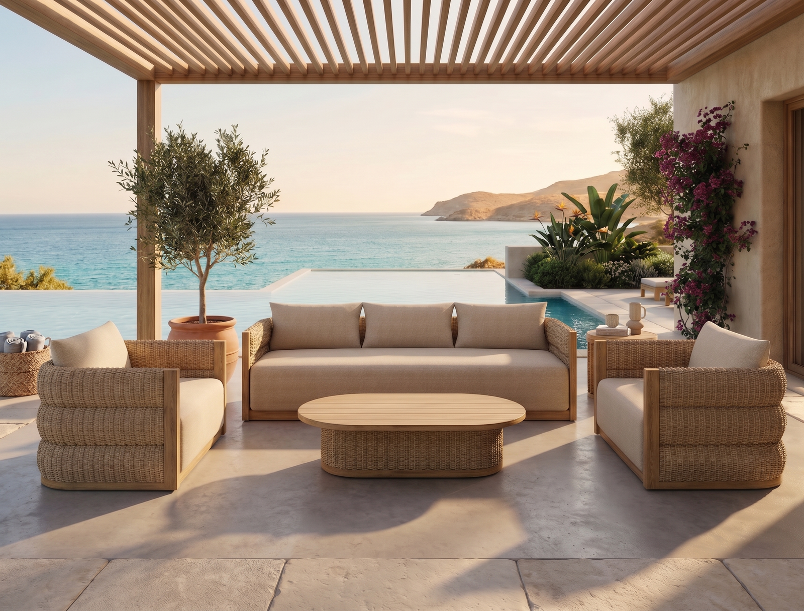 Ubud Set - teak outdoor furniture set lounge chair, sofa and coffee table